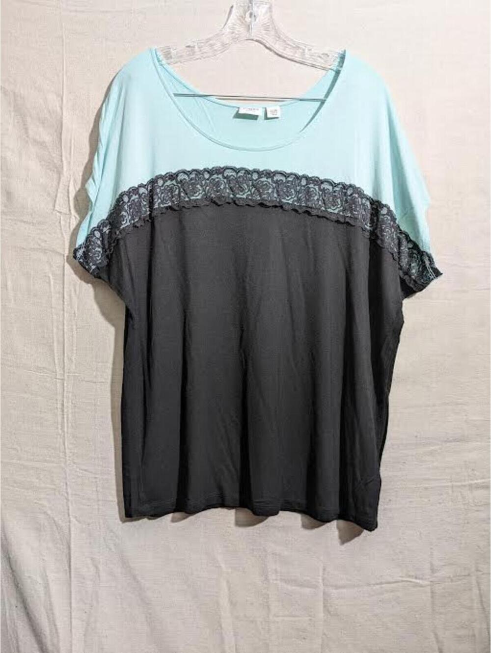 🩵 Light Aqua Blue & Black Relaxed Lace Accent Blouse — GUC